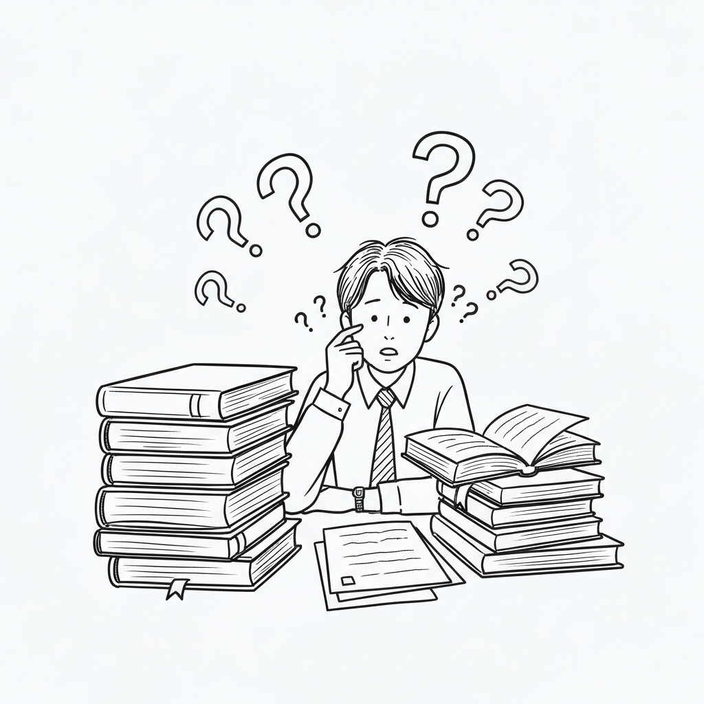 學生對一堆書本和考卷感到迷茫，周圍有問號。