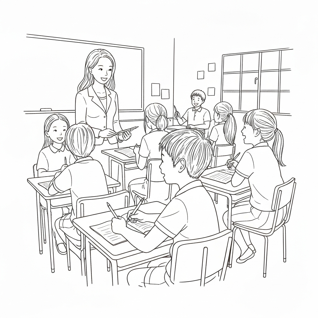 學生專心參與課堂討論的塗鴉風格插畫