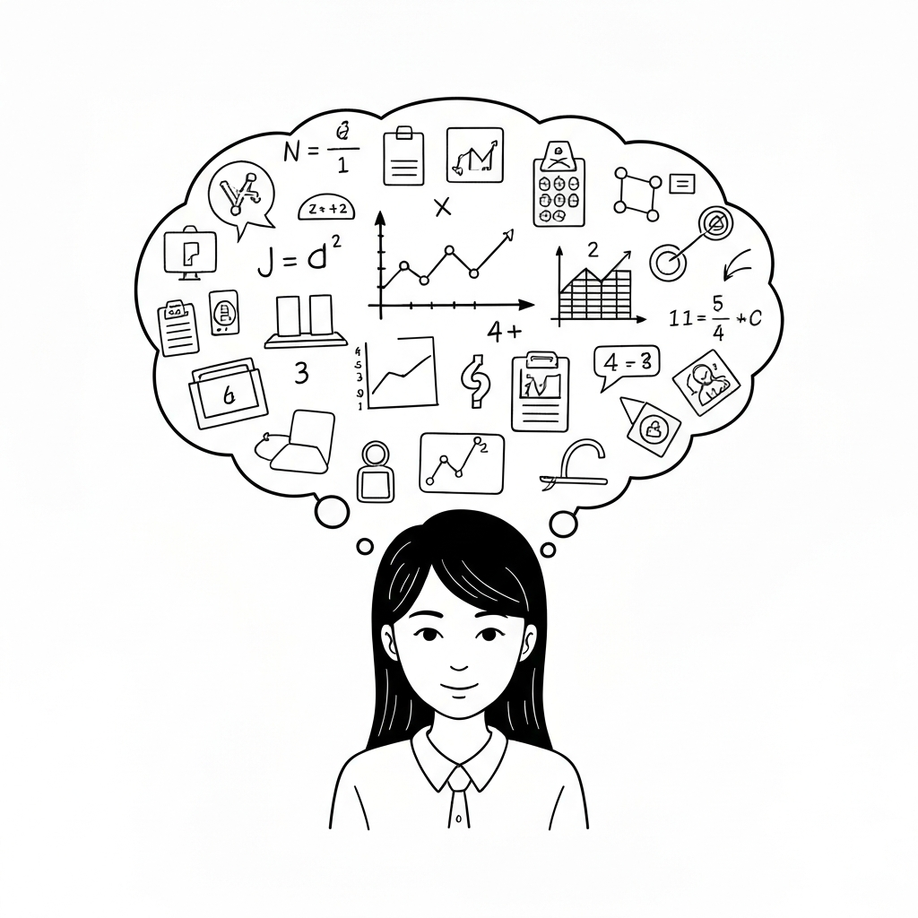 學生的想法泡泡，包含數學符號與圖形，以塗鴉手繪風格呈現。