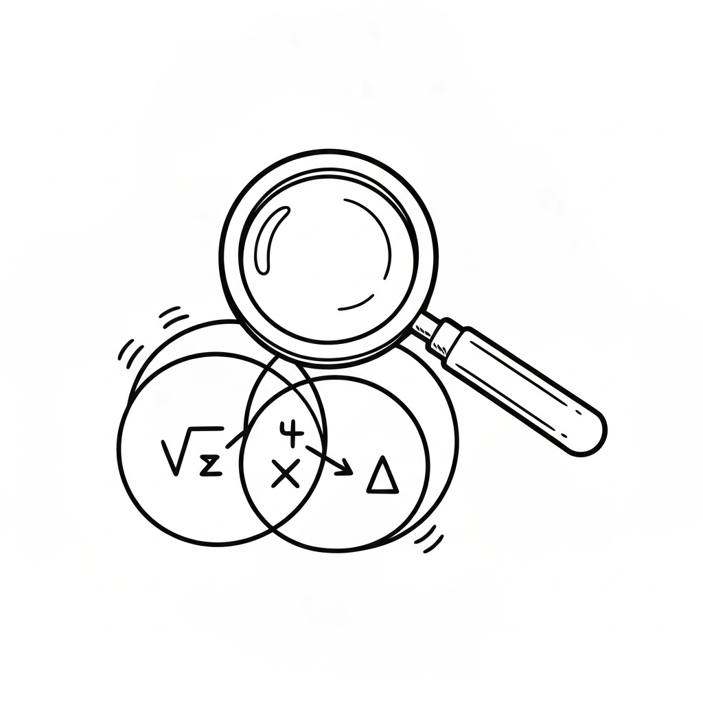 放大鏡聚焦在文氏圖上，圖示數學符號，風格為手繪塗鴉。