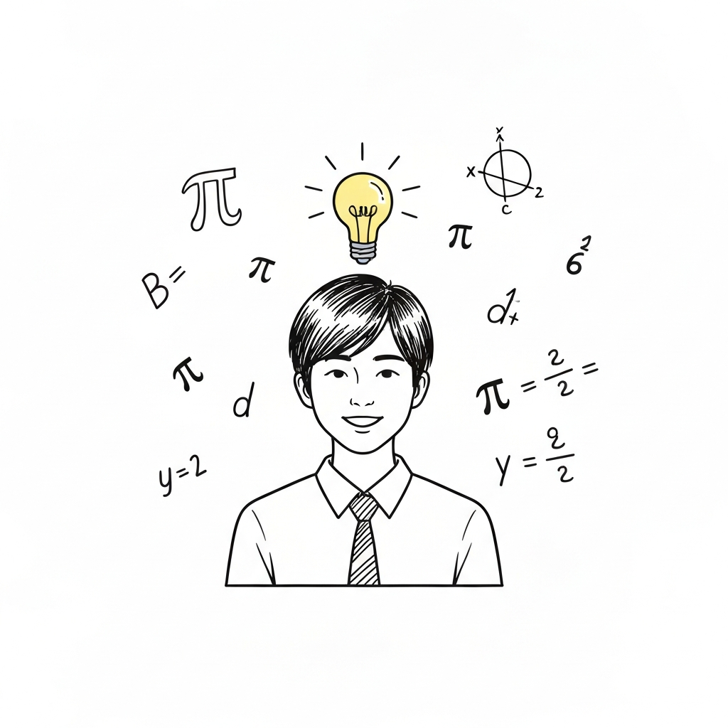 學生頭頂著燈泡，周圍環繞著數學符號，象徵學習與啟發。