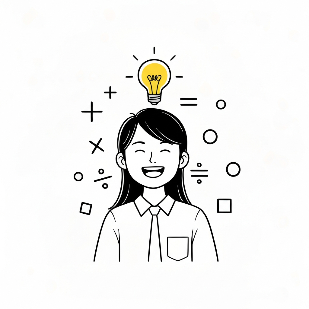 學生頭頂燈泡，周圍環繞數學符號，象徵啟發。