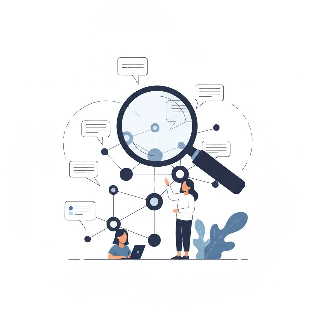 Minimalist illustration showing a magnifying glass analyzing keyword layout and competitors.