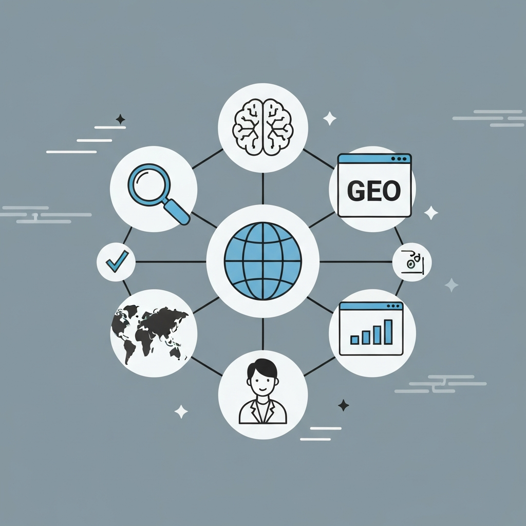 Image combining SEO and GEO search engine optimization, symbolizing the synergy of AI search engines and traditional search engines.