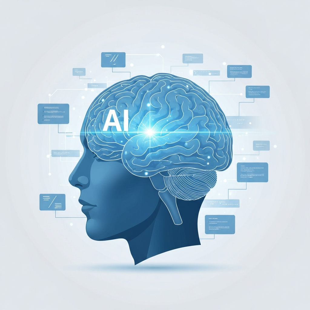 AI 與人類大腦融合的專業插畫,象徵協同合作與先進科技