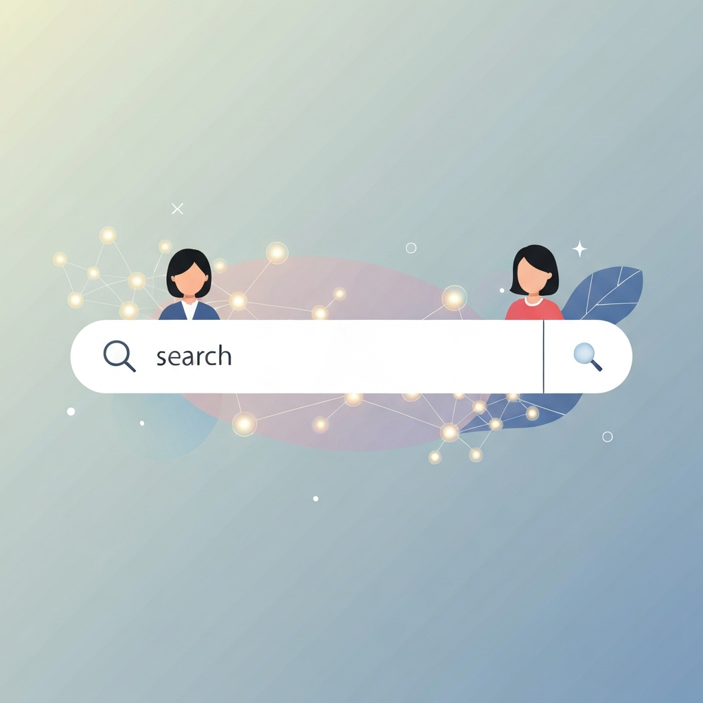 極簡風格插畫,描繪 Google AI 搜尋摘要的意象,包含搜尋欄和抽象的 AI 元素,背景為柔和漸層。