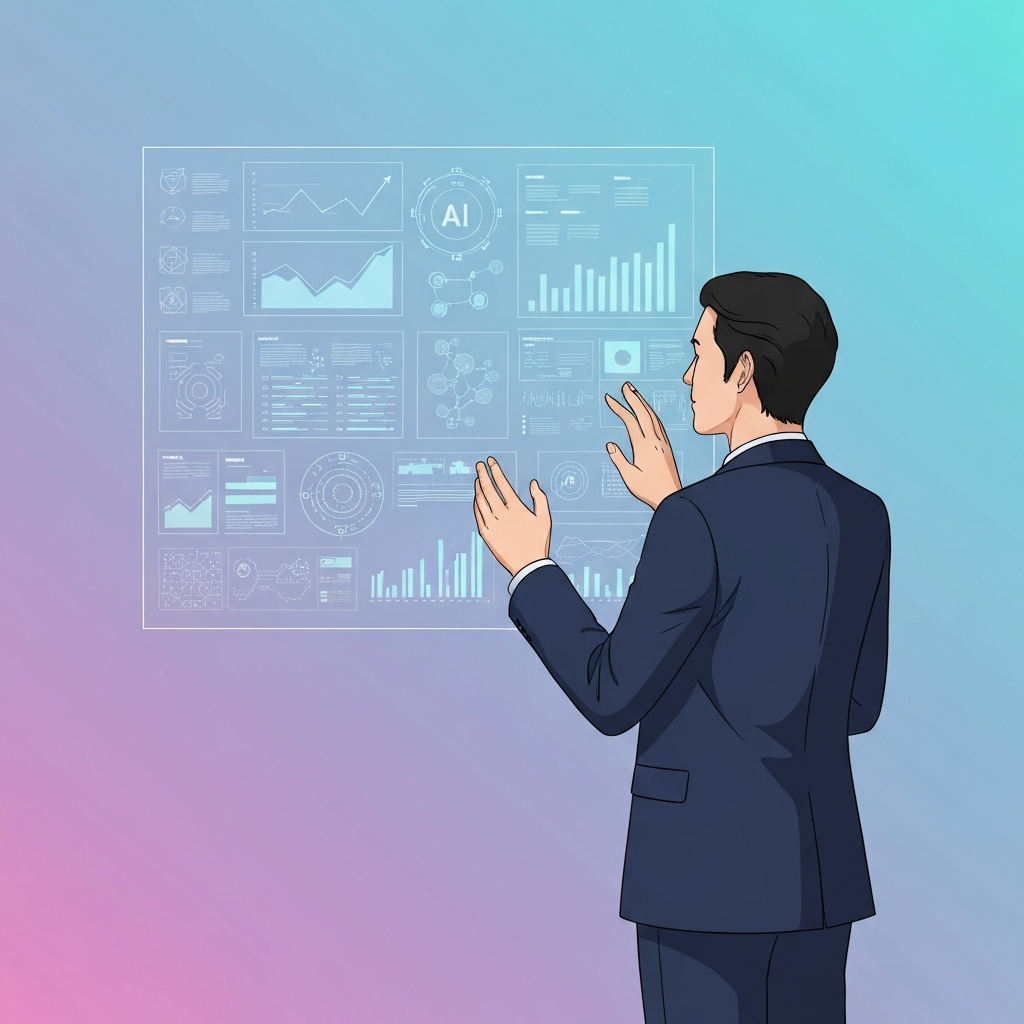 一位亞洲商業人士透過全息顯示屏分析 SEO 數據與 AI 演算法