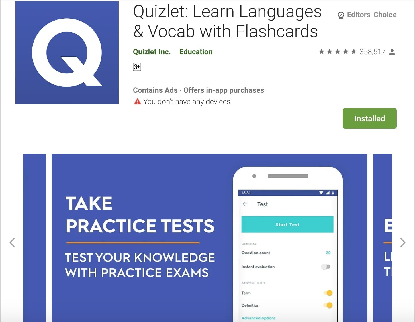 Quizlet install page